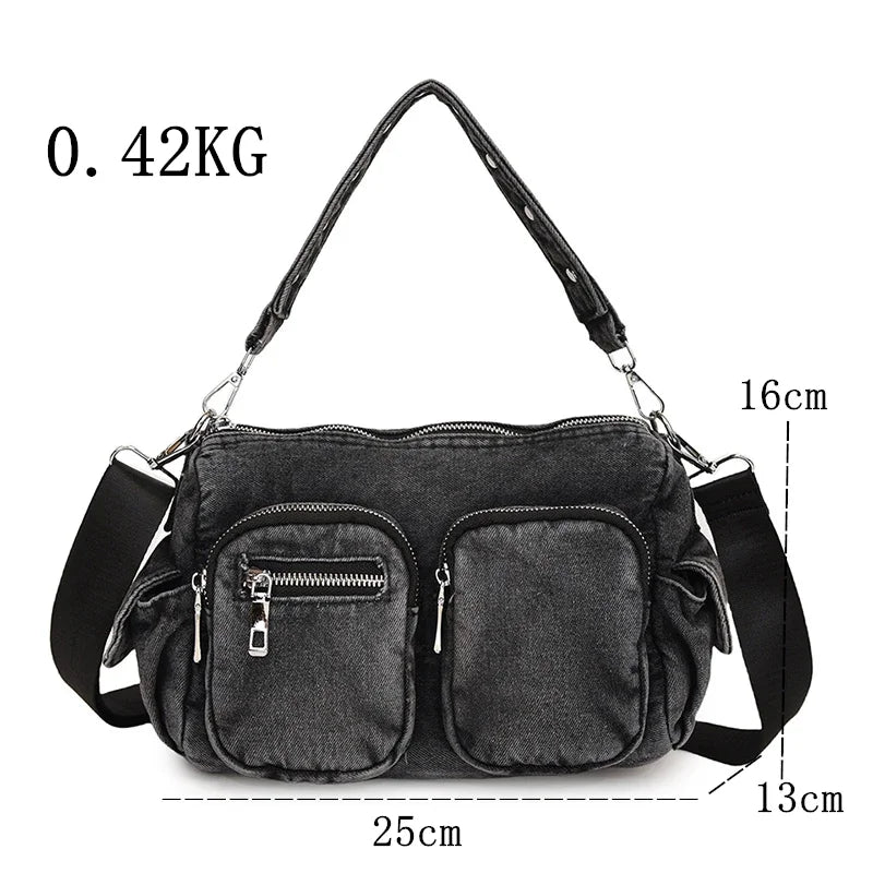 Denim Vintage Crossbody Shoulder Bag Fashion Retro Jeans Tote Bags Large Capacity Multiple pockets Handbags Women Satchel bag