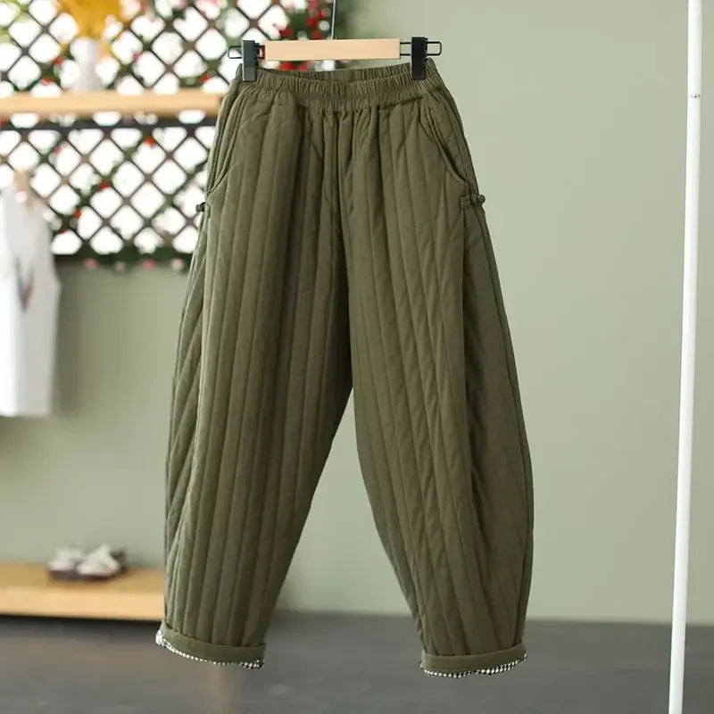 2024 Winter Warm Clip Cotton Thickened Retro Down Cotton Pants for Women's Outwear Elastic Waist Loose Relaxed Pants