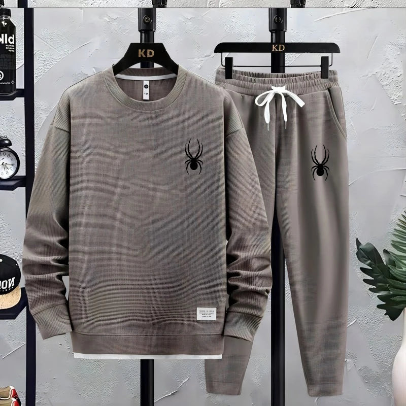 2024 Autumn Men's Round Neck New Waffle Set Casual and Handsome Sports Long sleeved Pants Two Piece Set Fashion Label