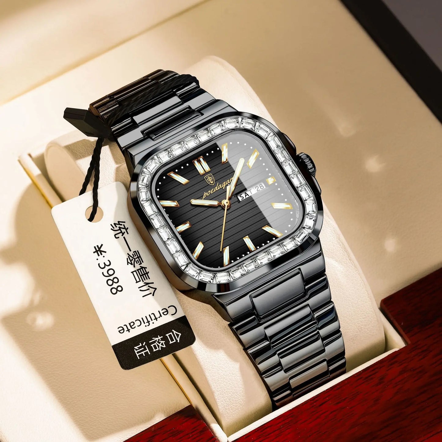 POEDAGAR Fashion Square Men's Watches Waterproof Zircon Bezel Stainless Steel Watch for Man Luxury Original Quartz Wristwatch