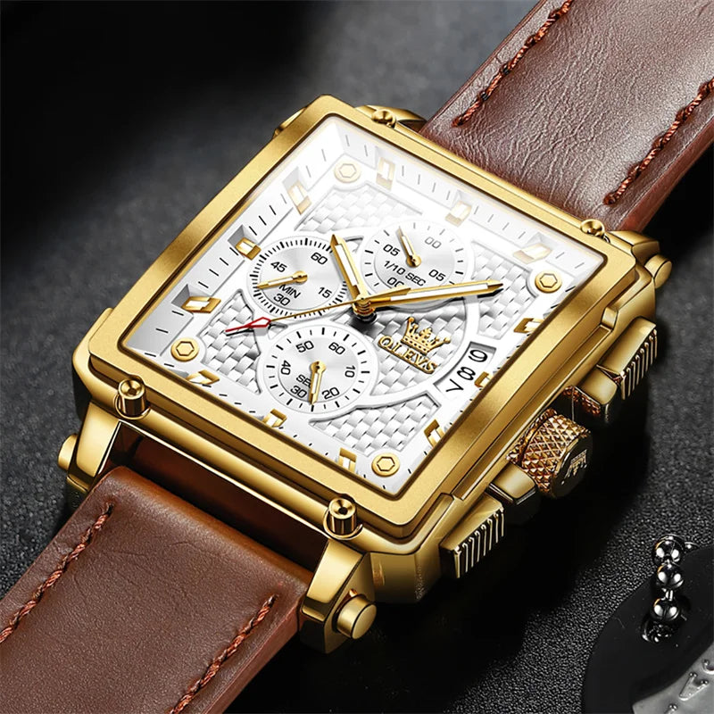 OLEVS Fashion Square Dial Leather Mens Watches Luxury Sport Waterproof Watch Man Chronograph Quartz WristWatches Montre Homme