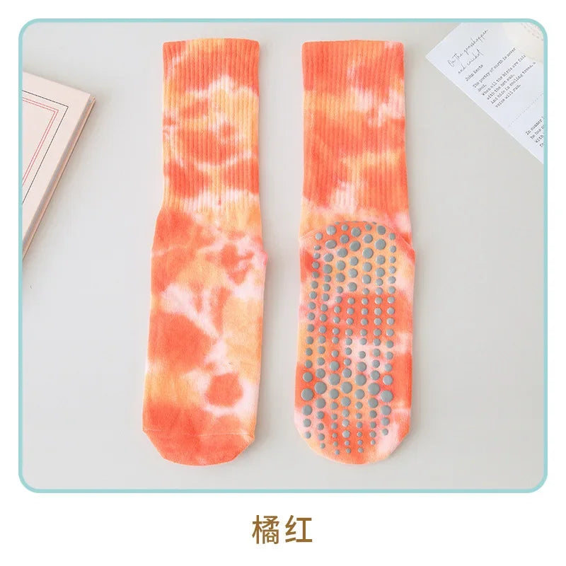 Fashion Trendy Tie Dye Mid Tube Yoga Socks Women Professional Pilate Breathable Non-slip Socks Trampoline Fitness Sports Socks