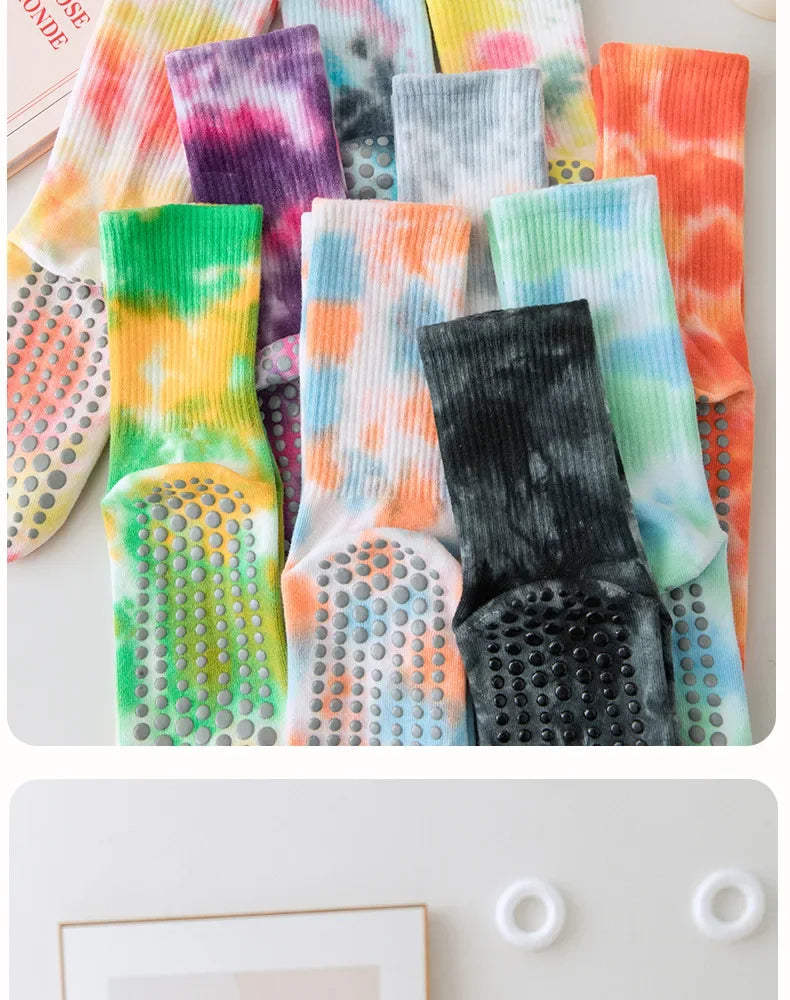 Fashion Trendy Tie Dye Mid Tube Yoga Socks Women Professional Pilate Breathable Non-slip Socks Trampoline Fitness Sports Socks