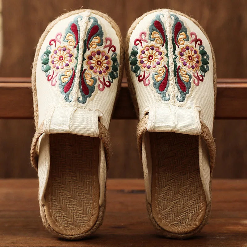 Johnature Women Slippers Summer 2024 New Slides Embroider Flat With Women Shoes Retro Flower Handmade Concise Ladies Slippers