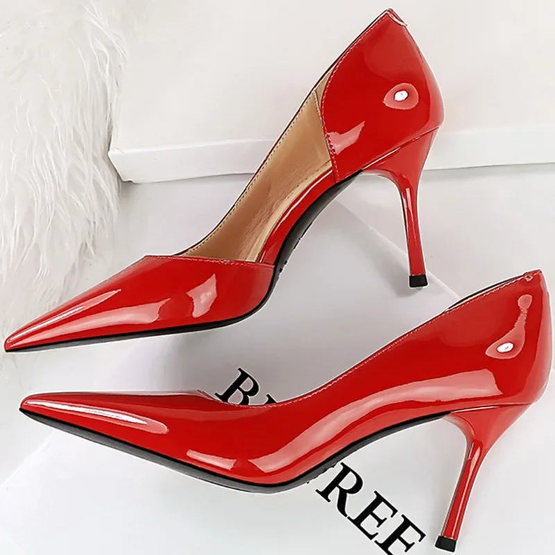 Size 34-43 Women 8cm Thin High Heels Pumps Lady Shallow Pointed Toe Mid Heels Side Hollow Patent Leather Nude Burgundy Red Shoes