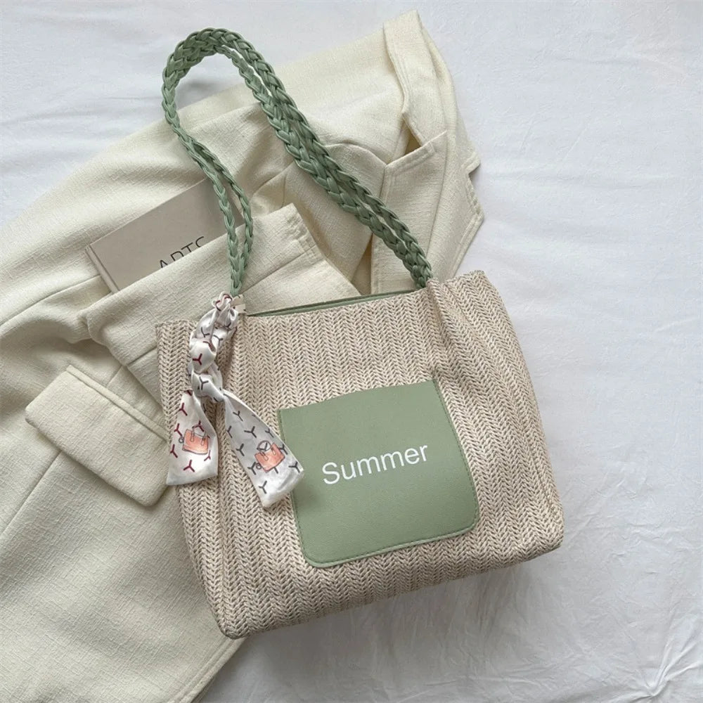 Trendy Straw Woven Scarves Tote Bag Casual Shoulder Bag Beach Bag Daily Commuting Bag Underarm Bag Large Capacity Handbag