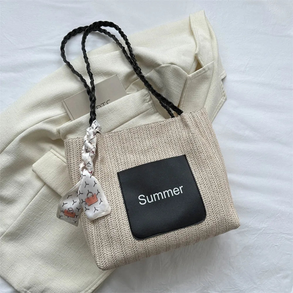 Trendy Straw Woven Scarves Tote Bag Casual Shoulder Bag Beach Bag Daily Commuting Bag Underarm Bag Large Capacity Handbag