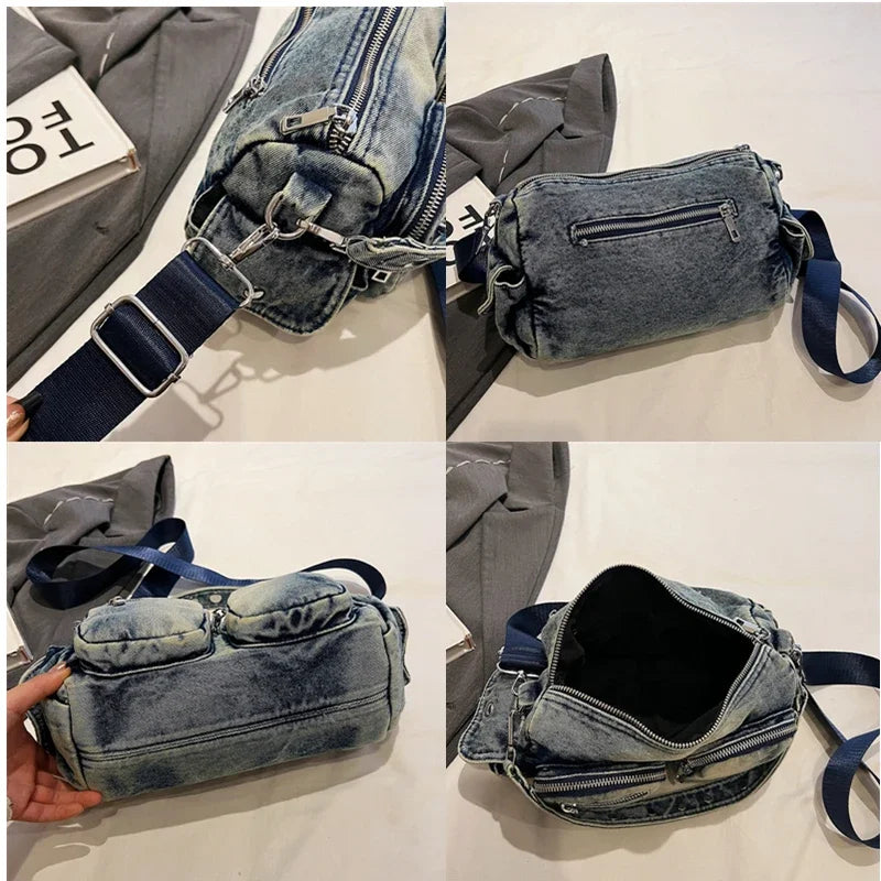 Denim Vintage Crossbody Shoulder Bag Fashion Retro Jeans Tote Bags Large Capacity Multiple pockets Handbags Women Satchel bag