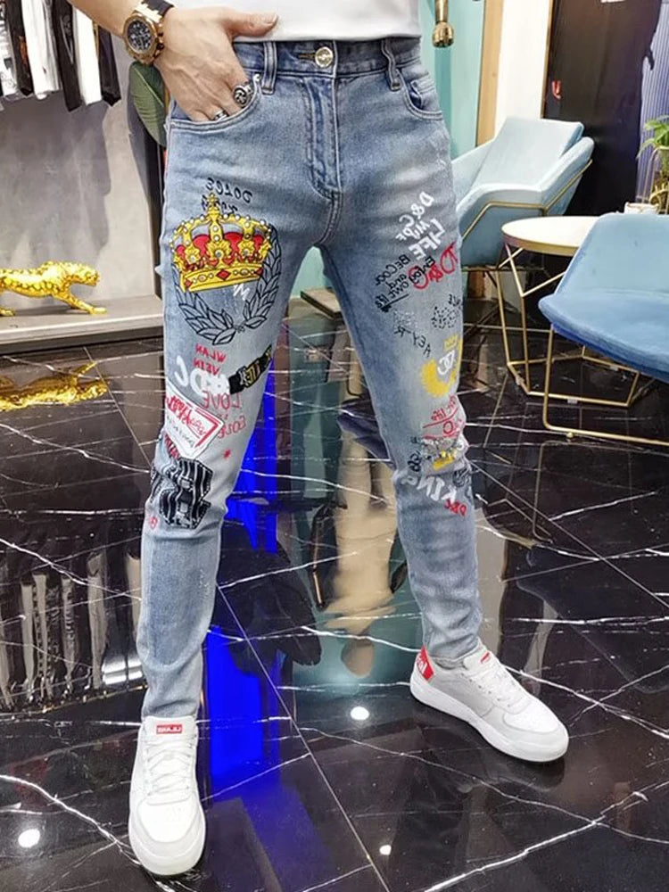 2024 New Graffiti Jeans Man Pants Spring Summer Crown Printe Jeans Streetwear Biker Skinny Zips Blue  Cacual Long Denim Trousers