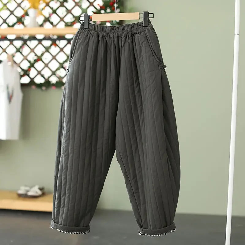 2024 Winter Warm Clip Cotton Thickened Retro Down Cotton Pants for Women's Outwear Elastic Waist Loose Relaxed Pants