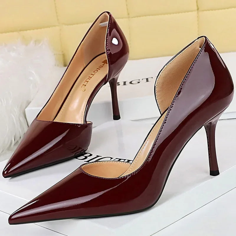 Size 34-43 Women 8cm Thin High Heels Pumps Lady Shallow Pointed Toe Mid Heels Side Hollow Patent Leather Nude Burgundy Red Shoes