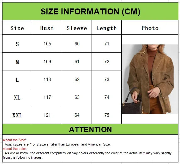 Vintage Brown Blazer Women Suede Leather Jacket Autumn Fashion Single Breasted Lapel Loose Coats Street Office Lady Outerwears