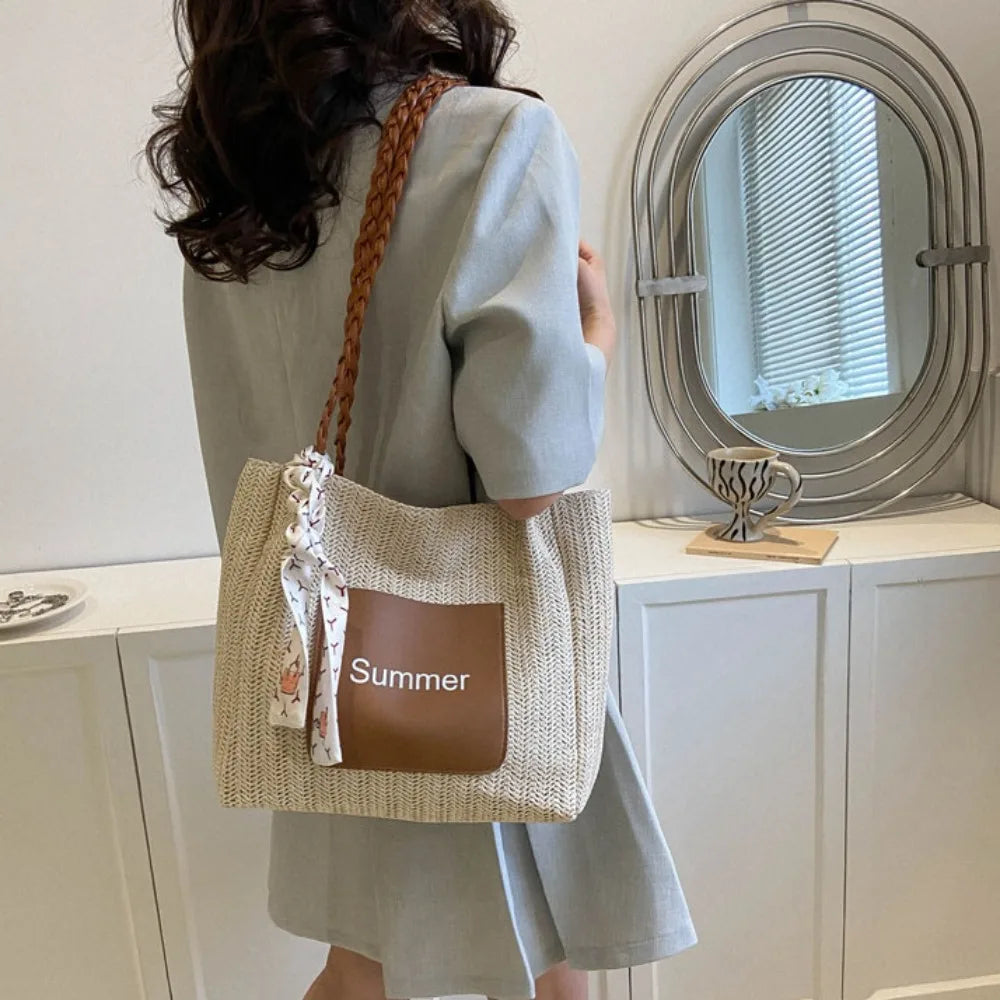 Trendy Straw Woven Scarves Tote Bag Casual Shoulder Bag Beach Bag Daily Commuting Bag Underarm Bag Large Capacity Handbag