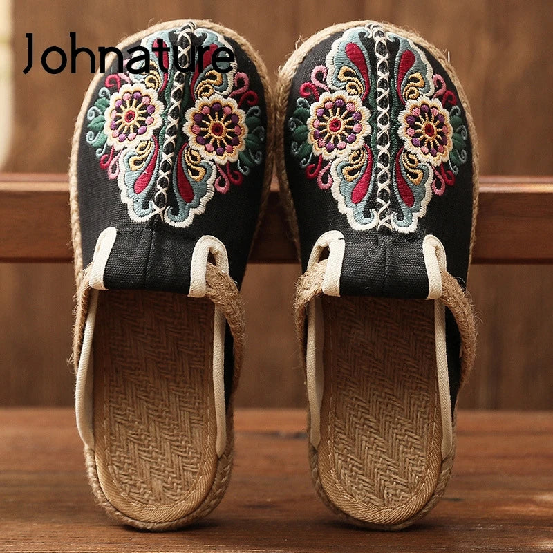 Johnature Women Slippers Summer 2024 New Slides Embroider Flat With Women Shoes Retro Flower Handmade Concise Ladies Slippers