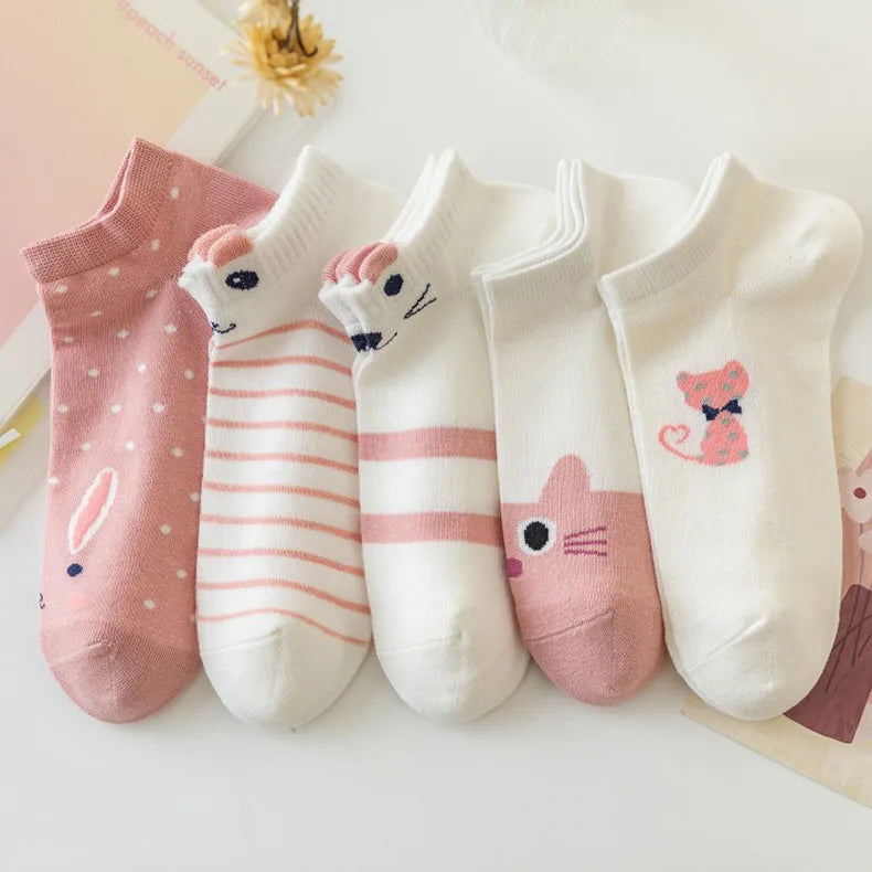 Women's Socks 5 Pair Kawaii Cartoon Cute Cat Socks For Women Funny Spring Cat Low Cut Short Academy  Ankle Socks Woman BZ109