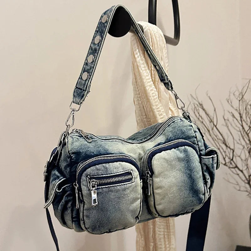 Denim Vintage Crossbody Shoulder Bag Fashion Retro Jeans Tote Bags Large Capacity Multiple pockets Handbags Women Satchel bag