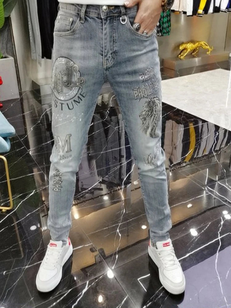 2024 New Graffiti Jeans Man Pants Spring Summer Crown Printe Jeans Streetwear Biker Skinny Zips Blue  Cacual Long Denim Trousers