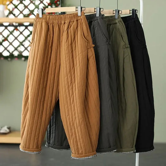 2024 Winter Warm Clip Cotton Thickened Retro Down Cotton Pants for Women's Outwear Elastic Waist Loose Relaxed Pants