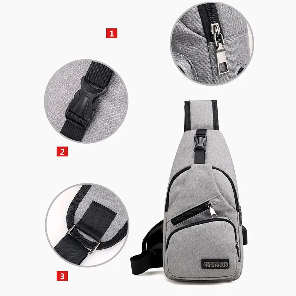 Shoulder Bag USB Charging Port Mens Sling Chest Pack Sports Crossbody Handbag