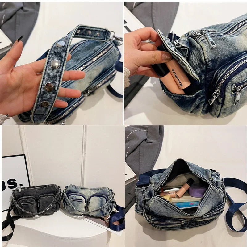 Denim Vintage Crossbody Shoulder Bag Fashion Retro Jeans Tote Bags Large Capacity Multiple pockets Handbags Women Satchel bag