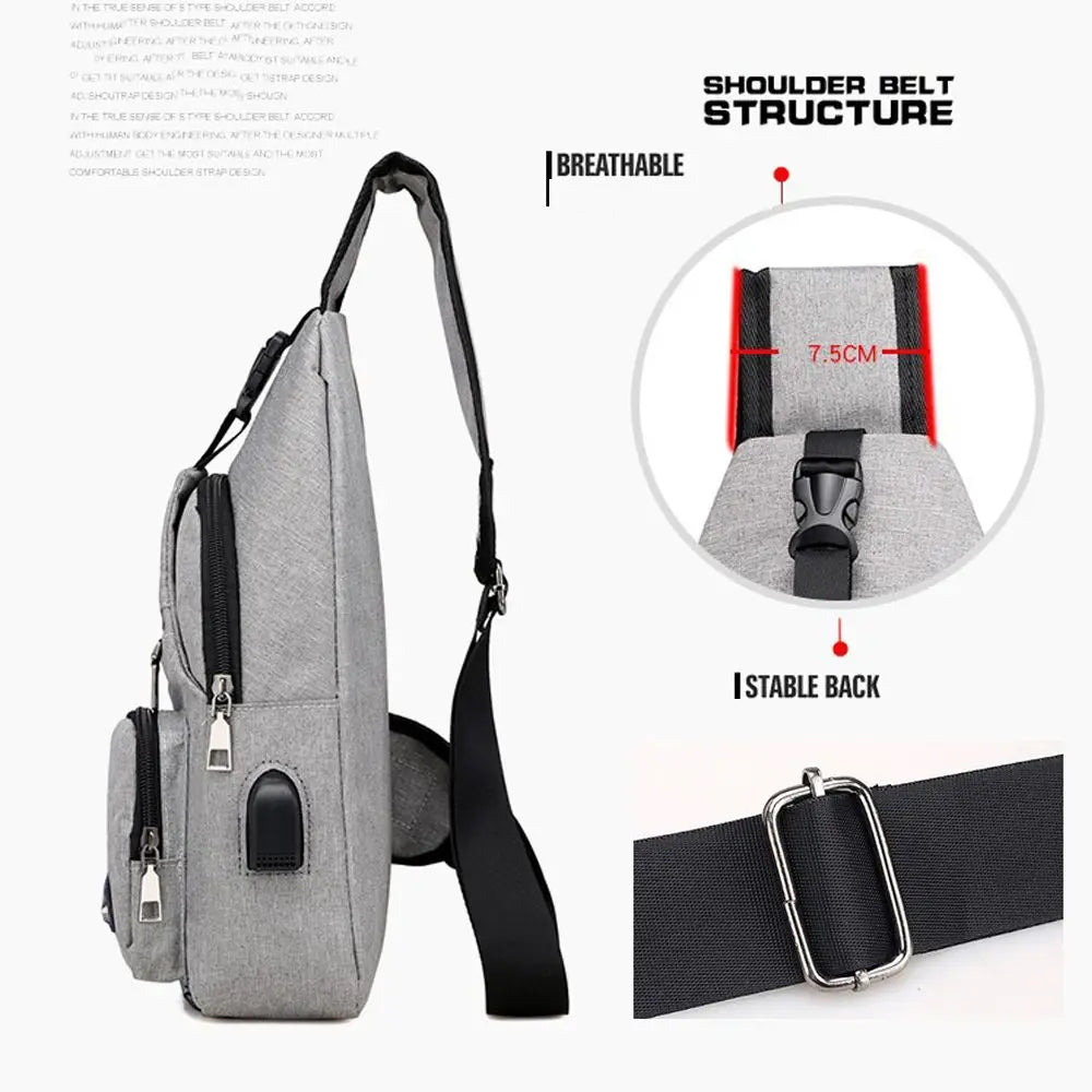 Shoulder Bag USB Charging Port Mens Sling Chest Pack Sports Crossbody Handbag