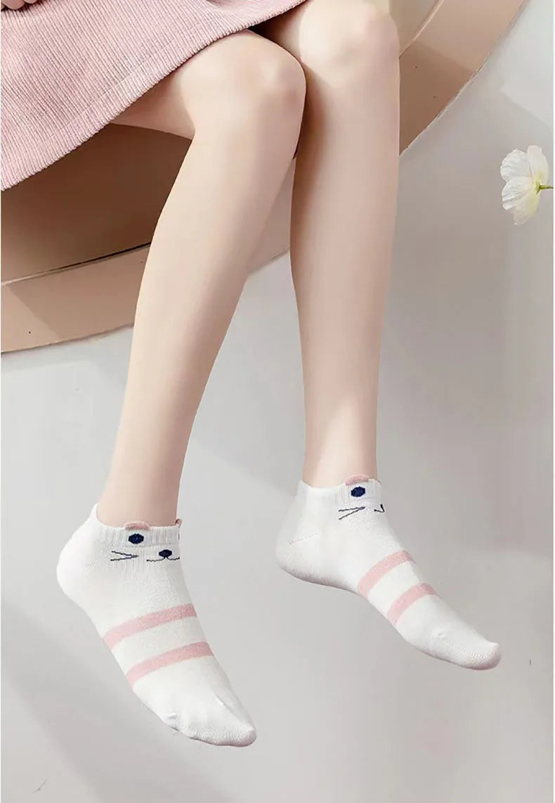 Women's Socks 5 Pair Kawaii Cartoon Cute Cat Socks For Women Funny Spring Cat Low Cut Short Academy  Ankle Socks Woman BZ109