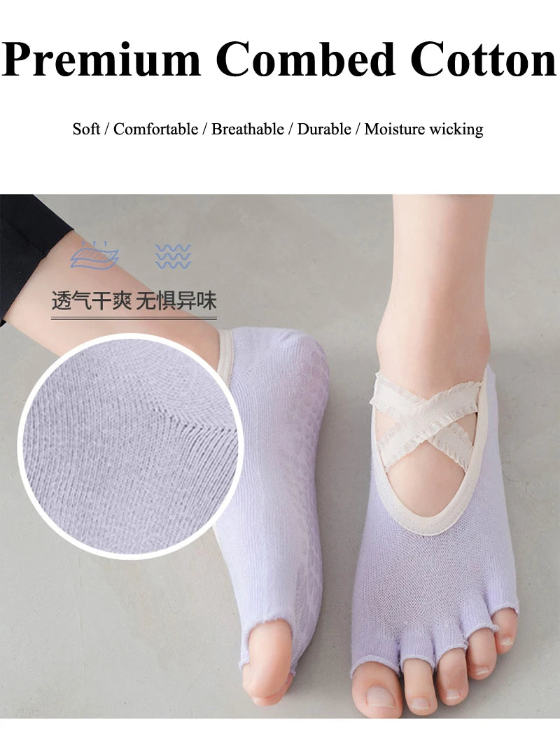 Five Finger Yoga Socks Lace Cross Strap Bandage Non Slip Gym Workout Pilates Ballet Dance Cotton Split Toe Grip Floor Socks