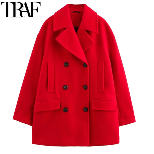 TRAF Women's Coats Faux Wool & Blends Coats For Woman Parkas Long Sleeve Red Coat Casual Double-Breasted Long Coat Women Winter