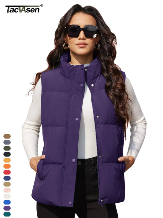 TACVASEN Winter Puffer Duck Feather Down Coats Womens Warm Sleeveless Outwear Waistcoats Zip-up Button Lightweight Padded Vests