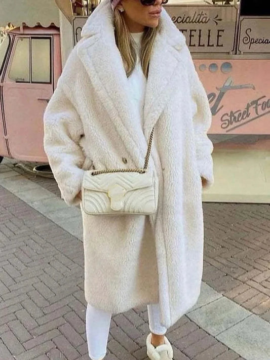 White Lamb Wool Coat Women Winter Thick Warm Fleece Teddy Coat Female Oversized Casual Loose Long Sleeve Lapel Long Outerwear