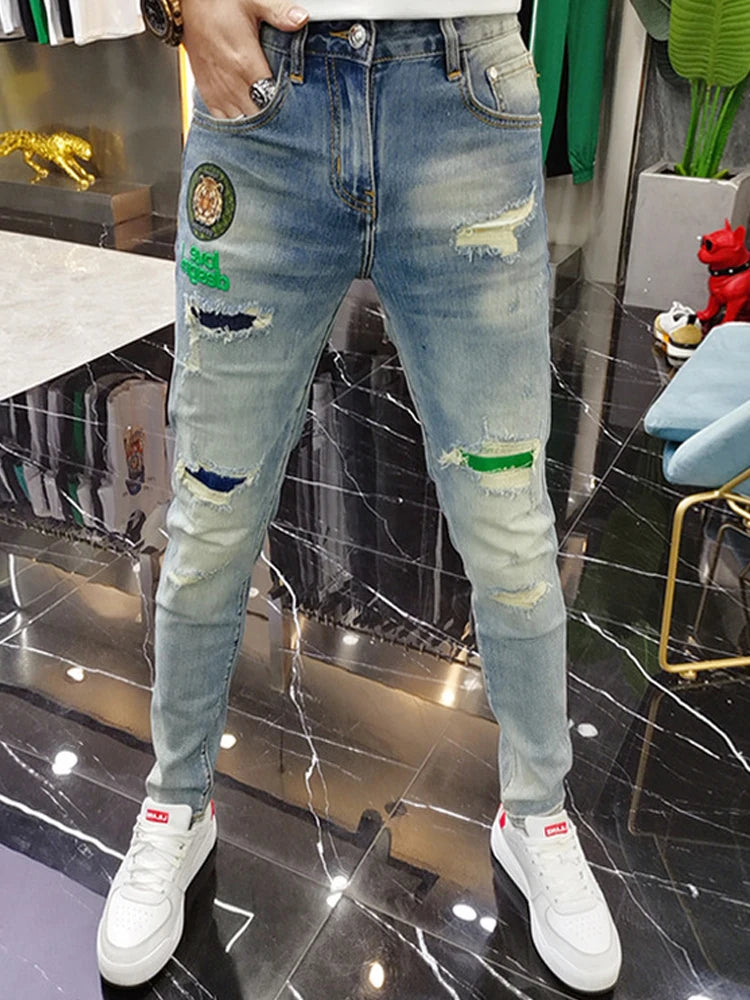 2024 New Graffiti Jeans Man Pants Spring Summer Crown Printe Jeans Streetwear Biker Skinny Zips Blue  Cacual Long Denim Trousers