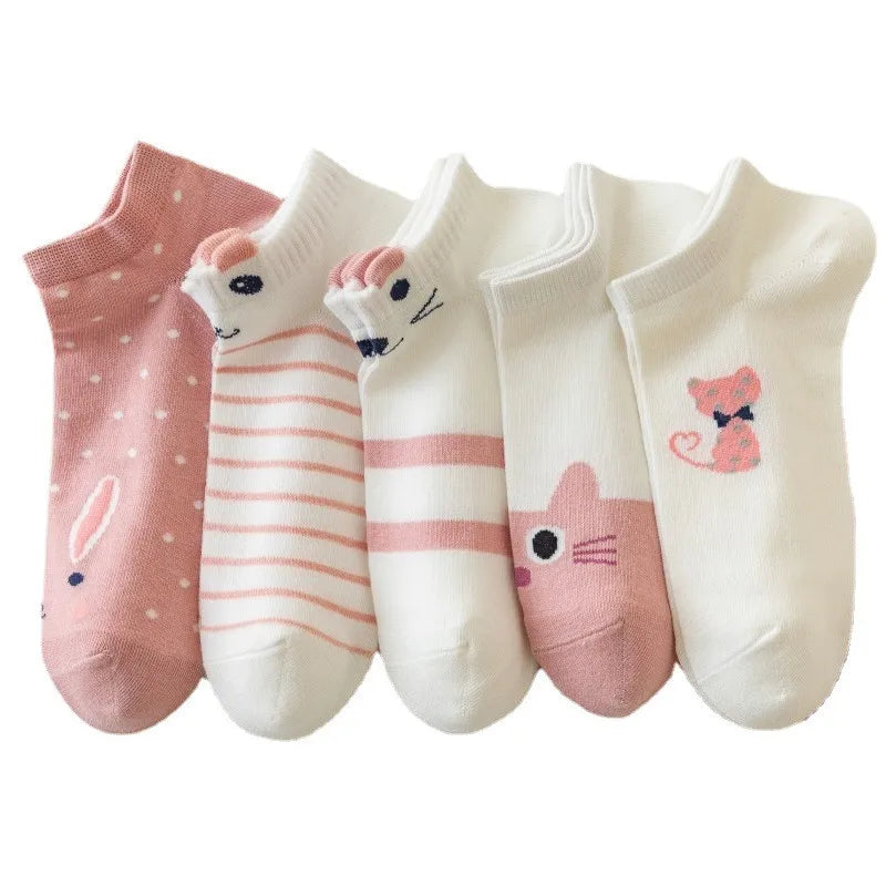 Women's Socks 5 Pair Kawaii Cartoon Cute Cat Socks For Women Funny Spring Cat Low Cut Short Academy  Ankle Socks Woman BZ109