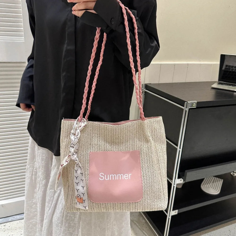 Trendy Straw Woven Scarves Tote Bag Casual Shoulder Bag Beach Bag Daily Commuting Bag Underarm Bag Large Capacity Handbag