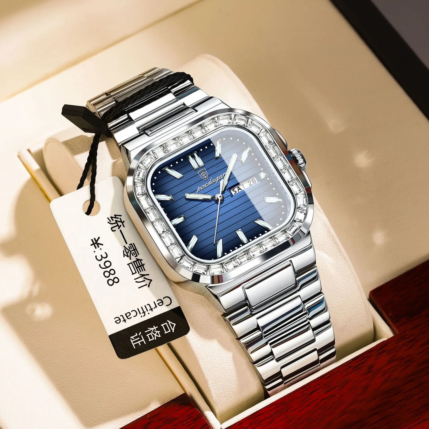 POEDAGAR Fashion Square Men's Watches Waterproof Zircon Bezel Stainless Steel Watch for Man Luxury Original Quartz Wristwatch