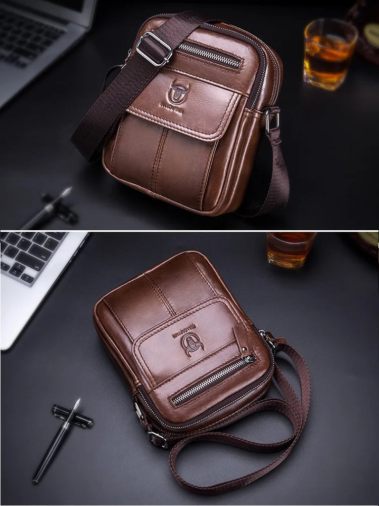 Genuine Leather Men's Shoulder Crossbody Bag Cowhide Casual Korean Style Student Handbag Small Commuter Messenger Bag