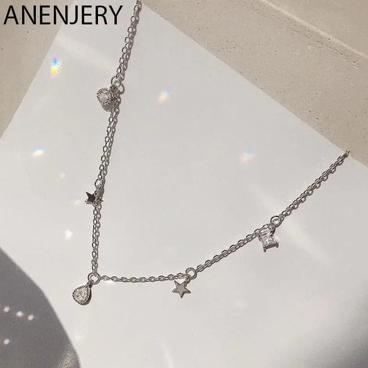 ANENJERY Silver Color Star Waterdrop Choker Necklace For Women Clavicle Chain Zircon Necklace Party Wedding Jewelry Gifts S-N714