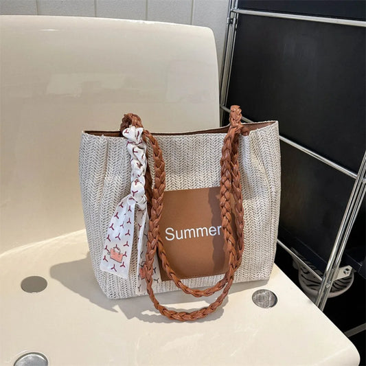 Trendy Straw Woven Scarves Tote Bag Casual Shoulder Bag Beach Bag Daily Commuting Bag Underarm Bag Large Capacity Handbag