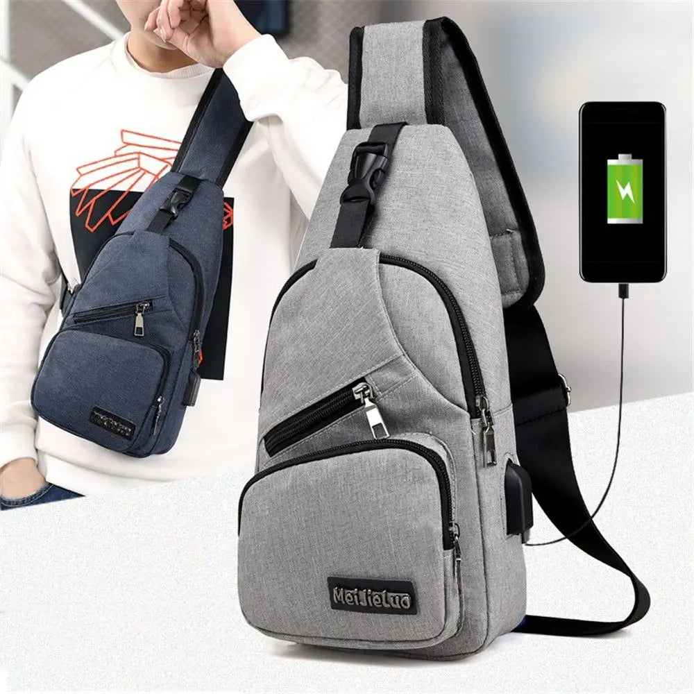 Shoulder Bag USB Charging Port Mens Sling Chest Pack Sports Crossbody Handbag