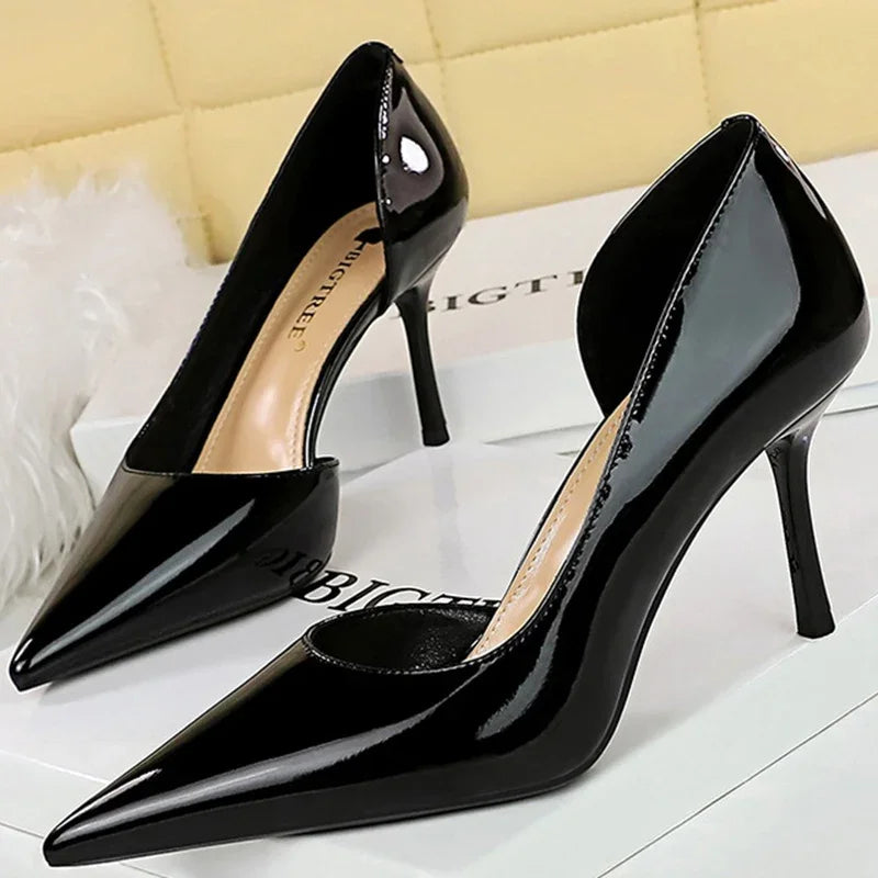 Size 34-43 Women 8cm Thin High Heels Pumps Lady Shallow Pointed Toe Mid Heels Side Hollow Patent Leather Nude Burgundy Red Shoes