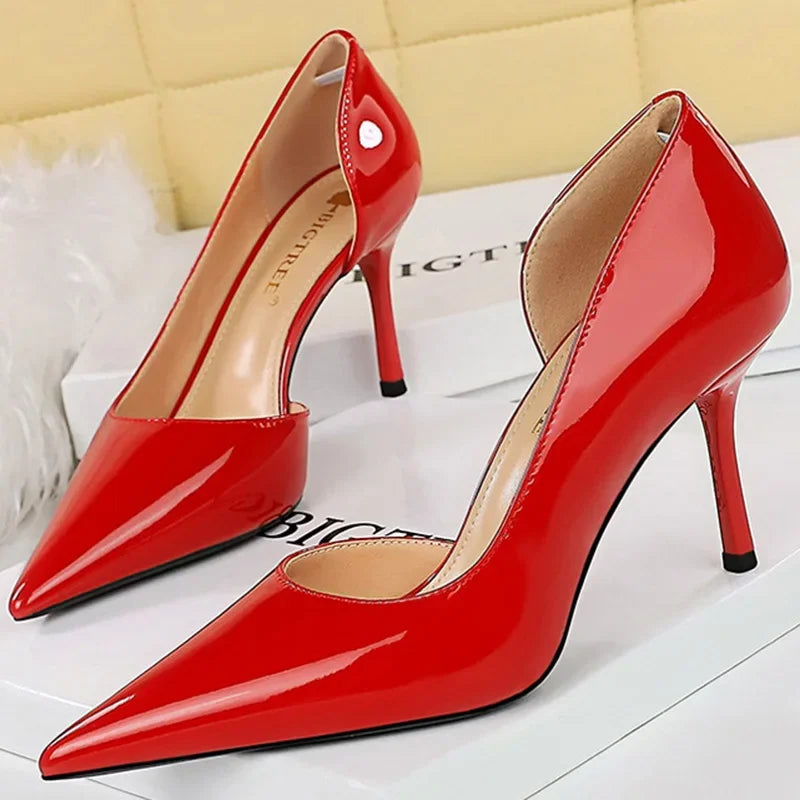 Size 34-43 Women 8cm Thin High Heels Pumps Lady Shallow Pointed Toe Mid Heels Side Hollow Patent Leather Nude Burgundy Red Shoes