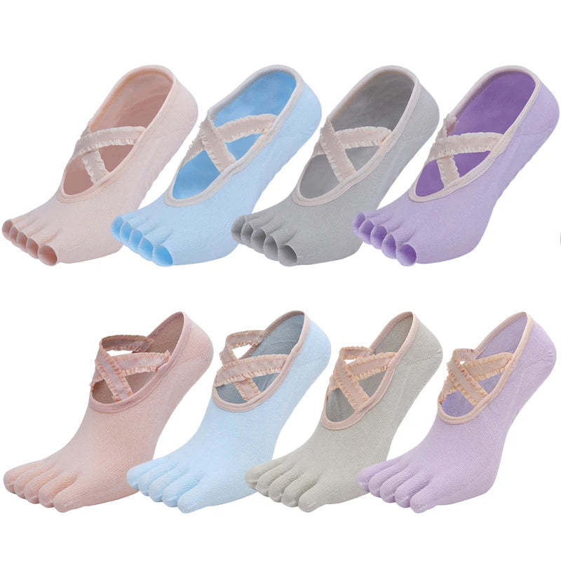 Five Finger Yoga Socks Lace Cross Strap Bandage Non Slip Gym Workout Pilates Ballet Dance Cotton Split Toe Grip Floor Socks