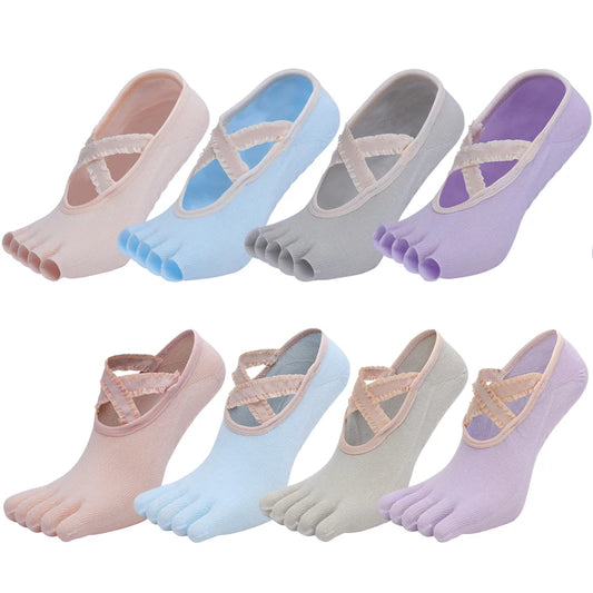 Five Finger Yoga Socks Lace Cross Strap Bandage Non Slip Gym Workout Pilates Ballet Dance Cotton Split Toe Grip Floor Socks