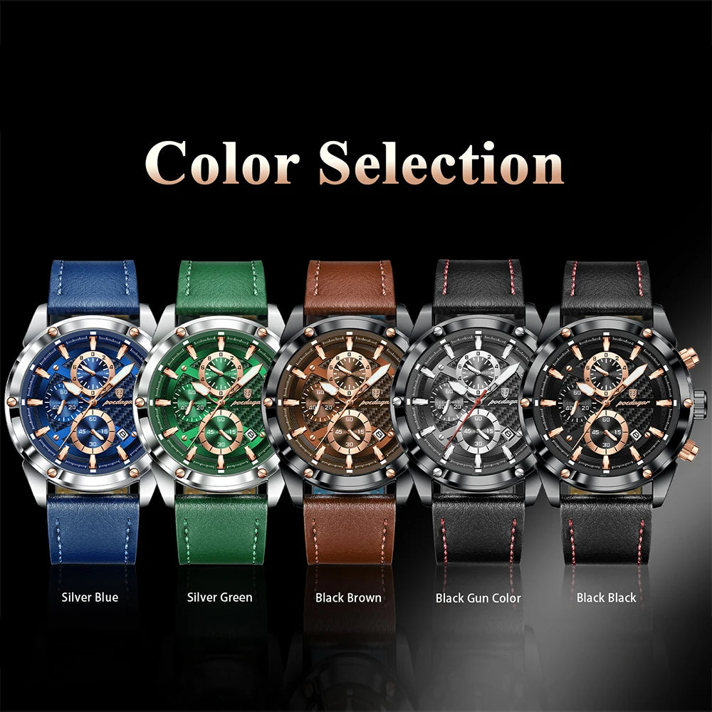 POEDAGAR Casuual Fashion Men's Watches Waterproof Leather Strap Wristwatch Waterproof Luminous Chronograph Date Watch for Man