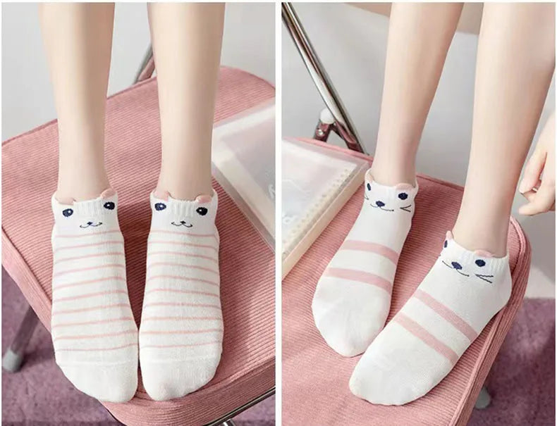 Women's Socks 5 Pair Kawaii Cartoon Cute Cat Socks For Women Funny Spring Cat Low Cut Short Academy  Ankle Socks Woman BZ109