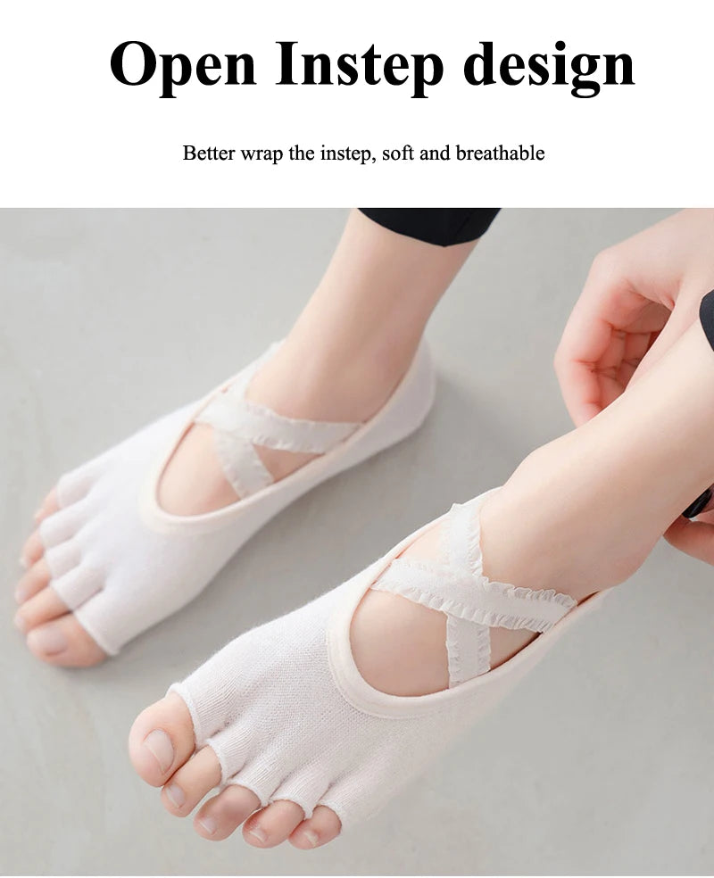 Five Finger Yoga Socks Lace Cross Strap Bandage Non Slip Gym Workout Pilates Ballet Dance Cotton Split Toe Grip Floor Socks