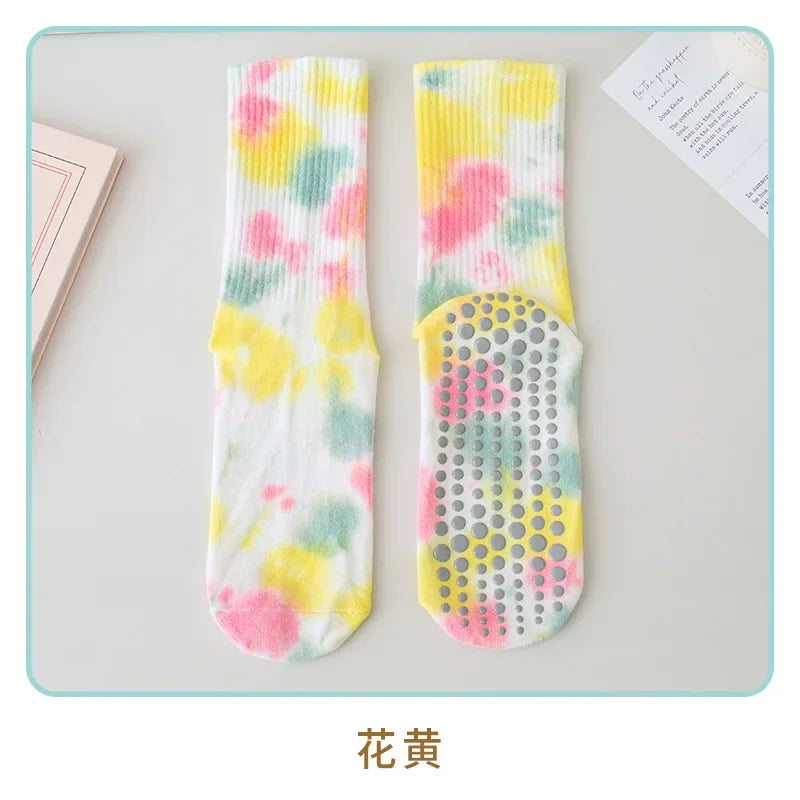 Fashion Trendy Tie Dye Mid Tube Yoga Socks Women Professional Pilate Breathable Non-slip Socks Trampoline Fitness Sports Socks