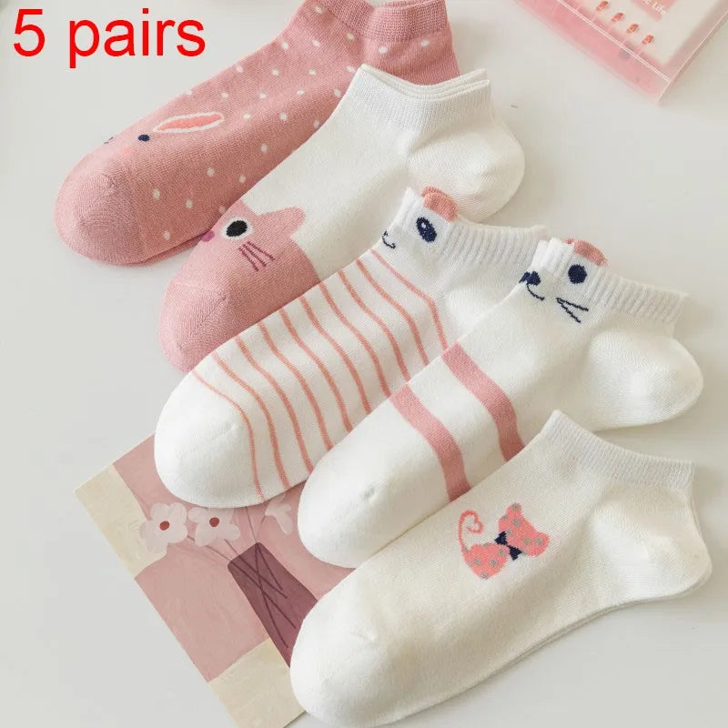 Women's Socks 5 Pair Kawaii Cartoon Cute Cat Socks For Women Funny Spring Cat Low Cut Short Academy  Ankle Socks Woman BZ109