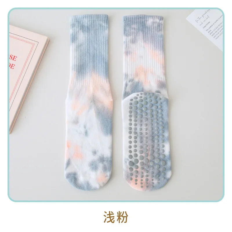 Fashion Trendy Tie Dye Mid Tube Yoga Socks Women Professional Pilate Breathable Non-slip Socks Trampoline Fitness Sports Socks