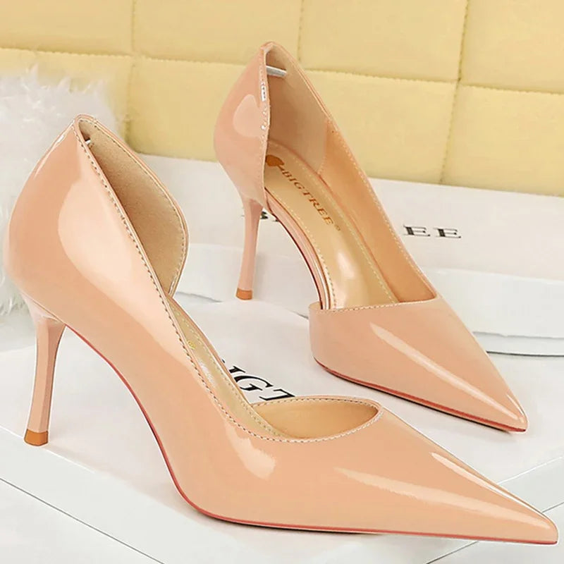 Size 34-43 Women 8cm Thin High Heels Pumps Lady Shallow Pointed Toe Mid Heels Side Hollow Patent Leather Nude Burgundy Red Shoes