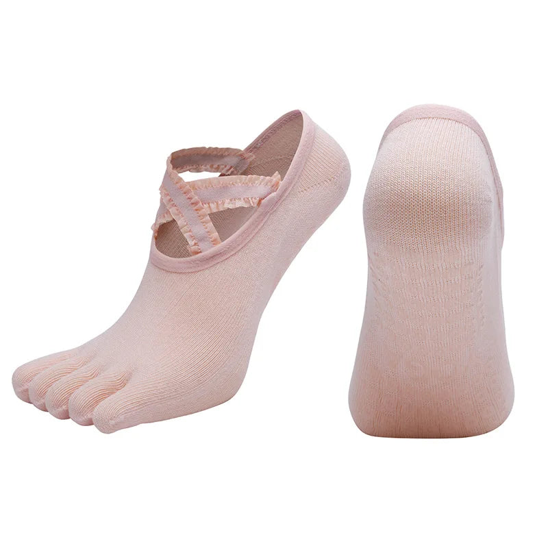 Five Finger Yoga Socks Lace Cross Strap Bandage Non Slip Gym Workout Pilates Ballet Dance Cotton Split Toe Grip Floor Socks